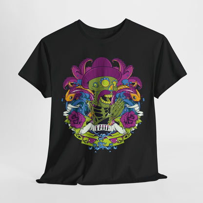 Luxury black t-shirt featuring a vibrant artistic design of a skeleton wearing a purple sombrero, surrounded by koi fish, roses, and octopus tentacles, perfect for making a bold fashion statement.