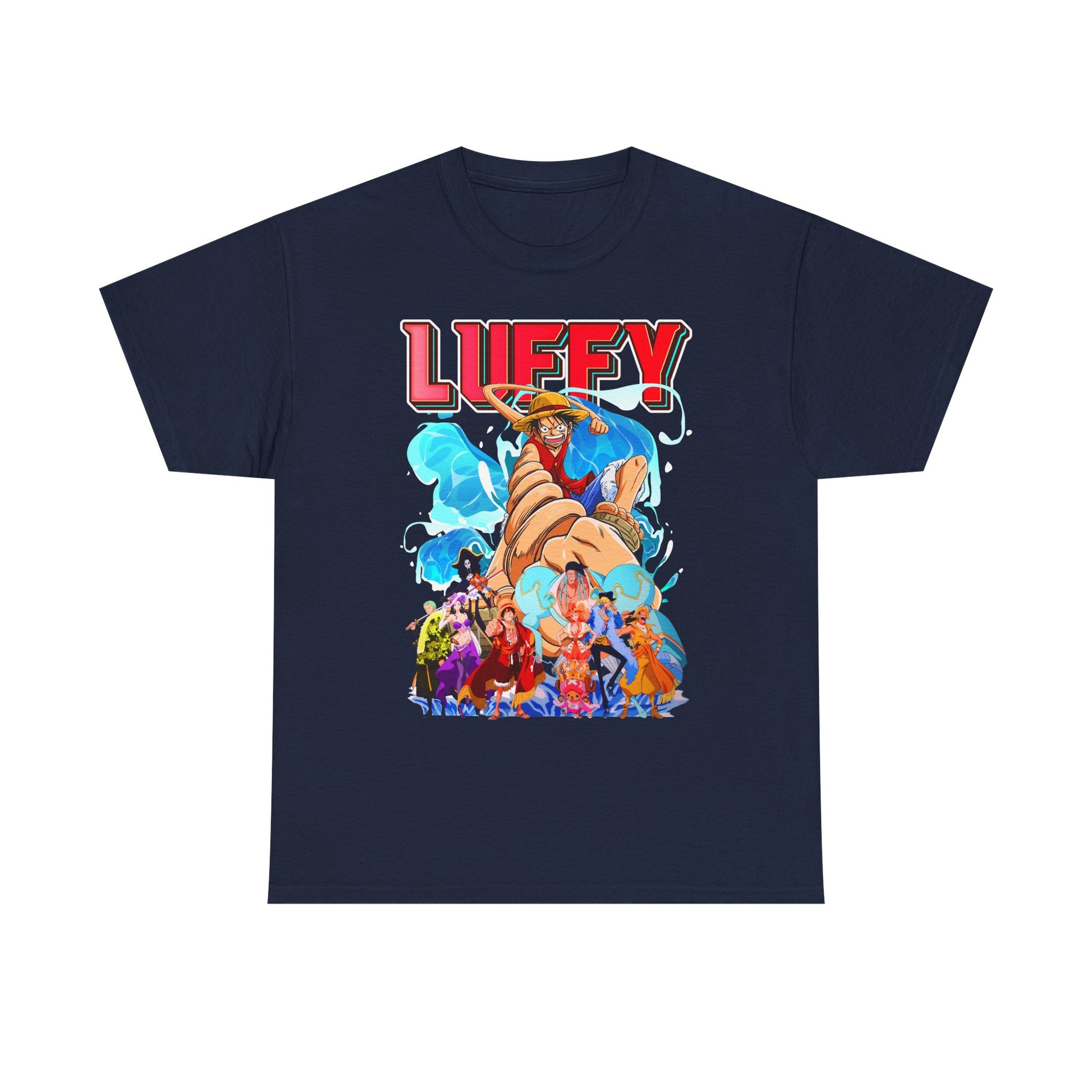 Luxurious navy blue men's graphic t-shirt featuring a vibrant print of Luffy and friends from a popular cartoon, designed for adventure lovers.