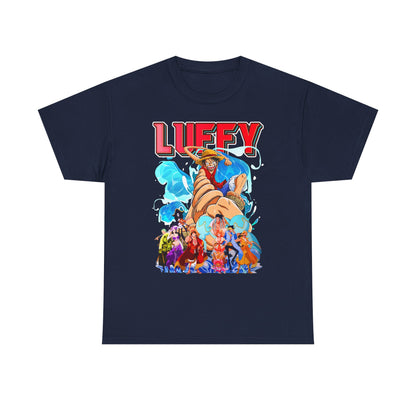 Luxurious navy blue men's graphic t-shirt featuring a vibrant print of Luffy and friends from a popular cartoon, designed for adventure lovers.