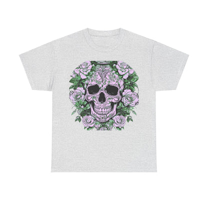 Front view of Skulls and Roses Cotton Tee in light grey, highlighting the intricate skull and roses artwork, perfect for alternative fashion lovers.