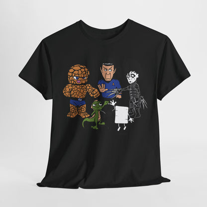 Luxury Rock Paper Scissors Unisex Men's and Women's Graphic T-Shirt featuring an artful illustration of iconic characters like a rugged mini-figure, a Starfleet officer, Edward Scissorhands, and a whimsical lizard, all engaged in a playful showdown.