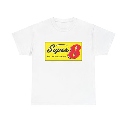 Super 8 Retro Logo Unisex Graphic Tee in white, showcasing a nostalgic vintage style ideal for both him and her, perfect for casual elegance.