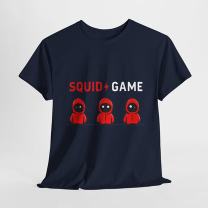 Navy blue Squid Game Unisex Men´s Women´s Graphic Cotton Funny T Shirt laid flat, featuring captivating graphics and an exquisite casual style, designed for those who cherish high-quality fashion.