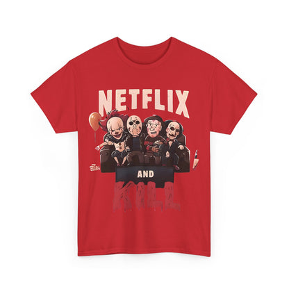Luxurious red unisex cotton t-shirt adorned with a striking graphic titled 'Netflix and Kill', highlighting famous horror icons enjoying a playful moment on a couch.