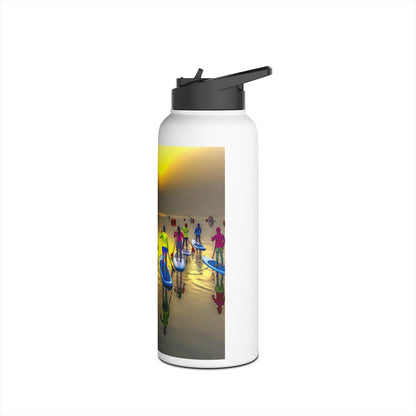 Charming Fantasy Paddleboarding Stainless Steel Water Bottle showcasing paddleboarders in a stunning sunset backdrop, designed for luxury and hydration on the water.