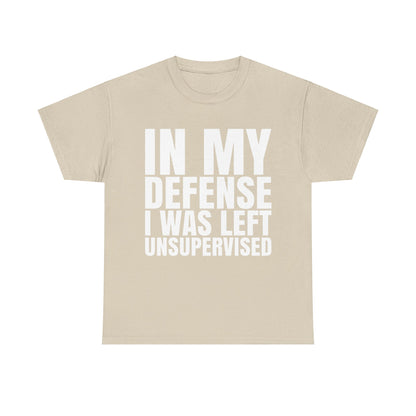 In My Defense Graphic Tee Shirt in beige - Unisex 100% Cotton, showing whimsical text design ideal for geeks.
