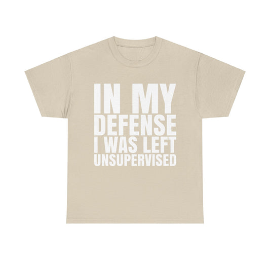 In My Defense Graphic Tee Shirt in beige - Unisex 100% Cotton, showing whimsical text design ideal for geeks.