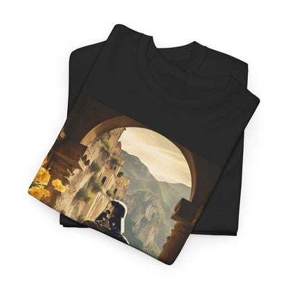 Two luxurious black t-shirts featuring a serene image of Darth Vader at a dining table, elegantly displayed, embodying comfort and style.