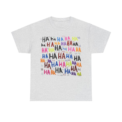 Vibrant HAHA Graphic Unisex T-Shirt in grey, displaying a delightful and colourful arrangement of 'HAHA' text, perfect for adding cheer to any outfit.