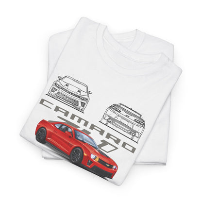 Stacked display of premium white Chevrolet Camaro ZL1 1LE T-shirts, highlighting intricate automotive graphics for the modern enthusiast.