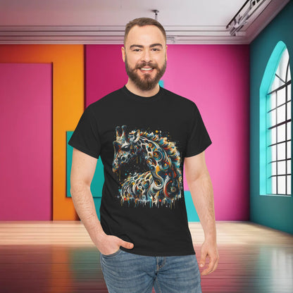 Fantasy Art Giraffe Graphic T-Shirt Urban Streetwear Unisex Cotton modelled by a stylish gentleman, featuring an eye-catching giraffe design that reflects urban elegance.