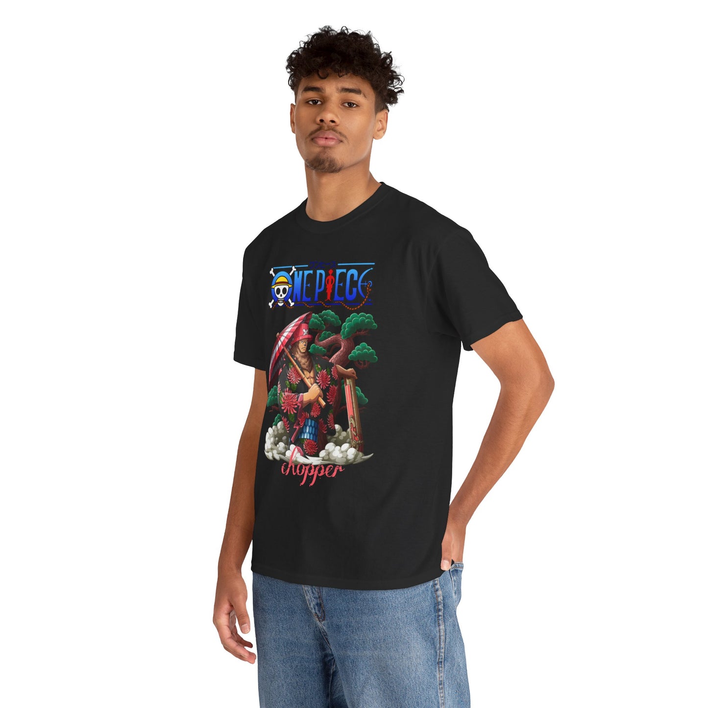 Man modelling a luxury black t-shirt adorned with a colourful illustration of Chopper from One Piece, showcasing a blend of style and anime culture.
