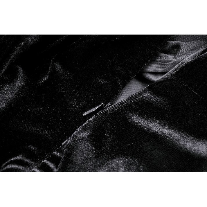 Model wearing the Gothic velvet mermaid dress in an atmospheric setting, showcasing its dark, regal style ideal for gothic-themed events.