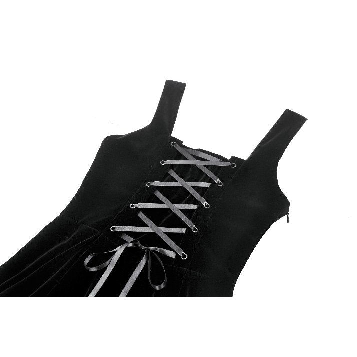 Back view of the Dark In Love Lux Black Velvet Maxi Dress featuring gothic design elements and long flowing silhouette.