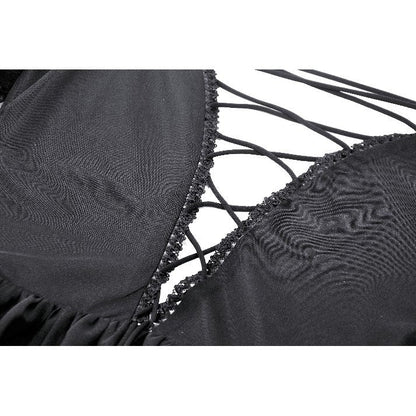 Back detail of the Dark in Love Millicent Black Tulle Dress, highlighting its corset-like silhouette and luxurious feather embellishments.