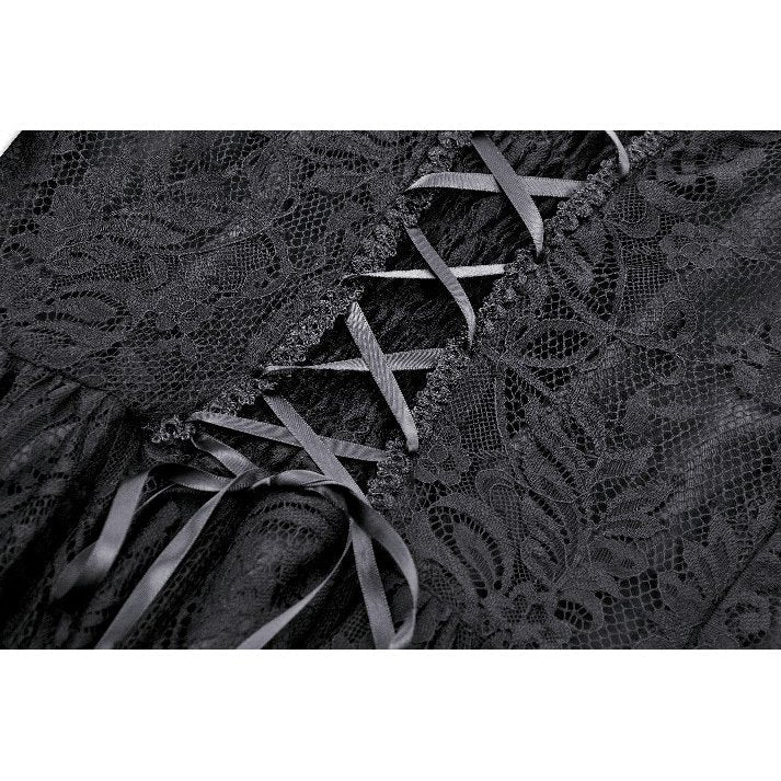 Elegant Dark in Love Gem Gothic Vine Lace Tail Dress featuring intricate lace detailing and a dramatic asymmetrical hem, perfect for gothic fashion lovers.