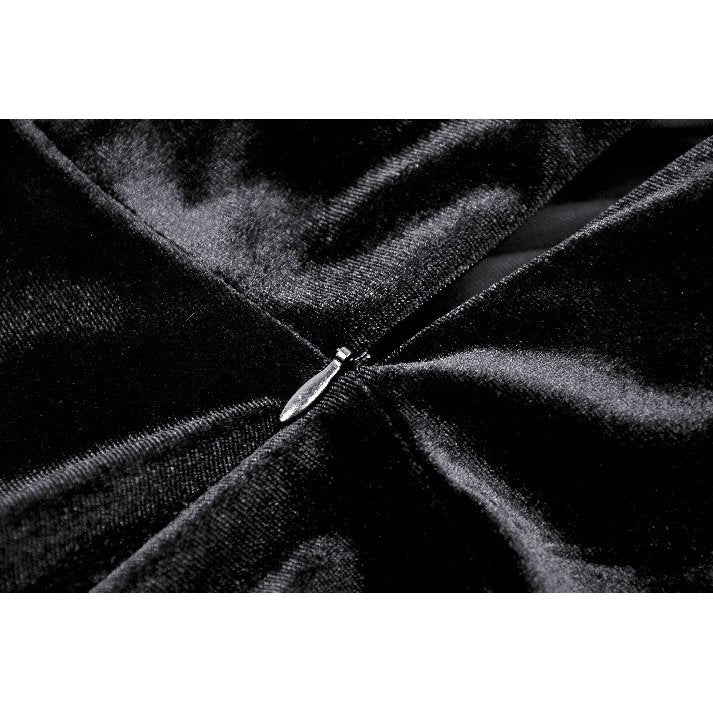 Regal velvet fabric of the Dark in Love Vera Gothic High-Slit Maxi Dress, featuring intricate lace-up detailing and a sultry silhouette, ideal for making a bold fashion statement.