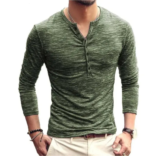 Men's Tee Shirt Button up V-Neck Long Sleeve