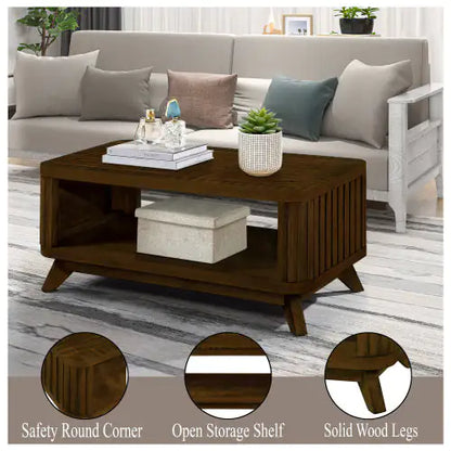 Walnut rectangular coffee table in a refined living room, emphasising its safety round corners, open storage shelf, and solid wood legs, surrounded by an inviting decor.