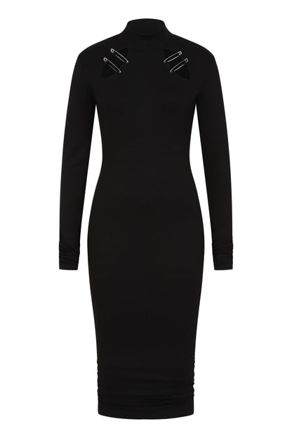 Detail shot of the sophisticated ruched cuffs and hem of the Necessary Evil Nyx Midi Dress, highlighting its luxurious black viscose jersey fabric.