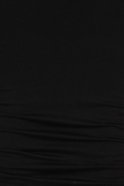 Close-up of the Necessary Evil Nyx Midi Dress showcasing luxurious black viscose jersey fabric, ruched cuffs, and sophisticated high neckline tailored for a chic gothic look.