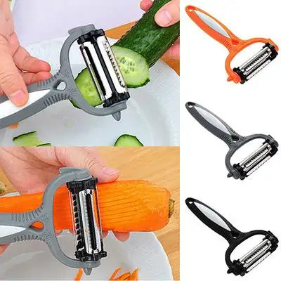 A luxurious kitchen scene featuring the rotary peeler in action, effortlessly peeling a cucumber and carrot, illustrating its versatility and ease of use.