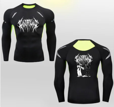 Sophisticated black long-sleeve compression T-shirt adorned with striking 2D printed design and bright accents, perfect for active lifestyles.