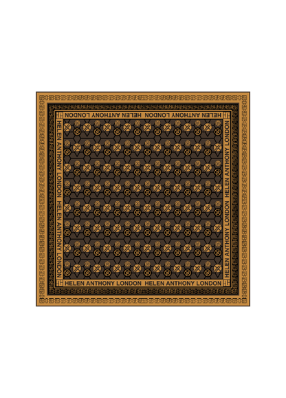 Luxury monogram twill silk scarf featuring a geometric design with hand-finished trim, measuring 90cm x 90cm, designed by Helen Anthony, crafted in Italy.