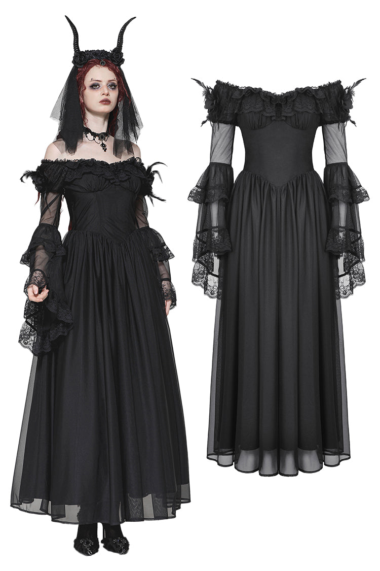 Elegant Dark in Love Millicent Black Tulle Dress showcasing off-shoulder neckline and feather details, perfect for gothic fashion.