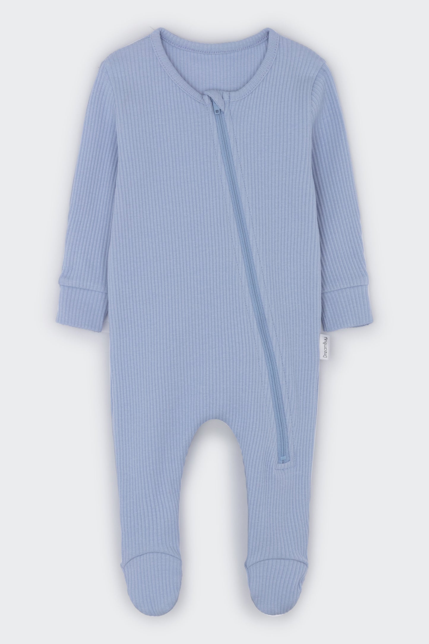 Luxurious powder blue zip sleepsuit for babies by DreamBuy, crafted from soft ribbed cotton for ultimate comfort and style.