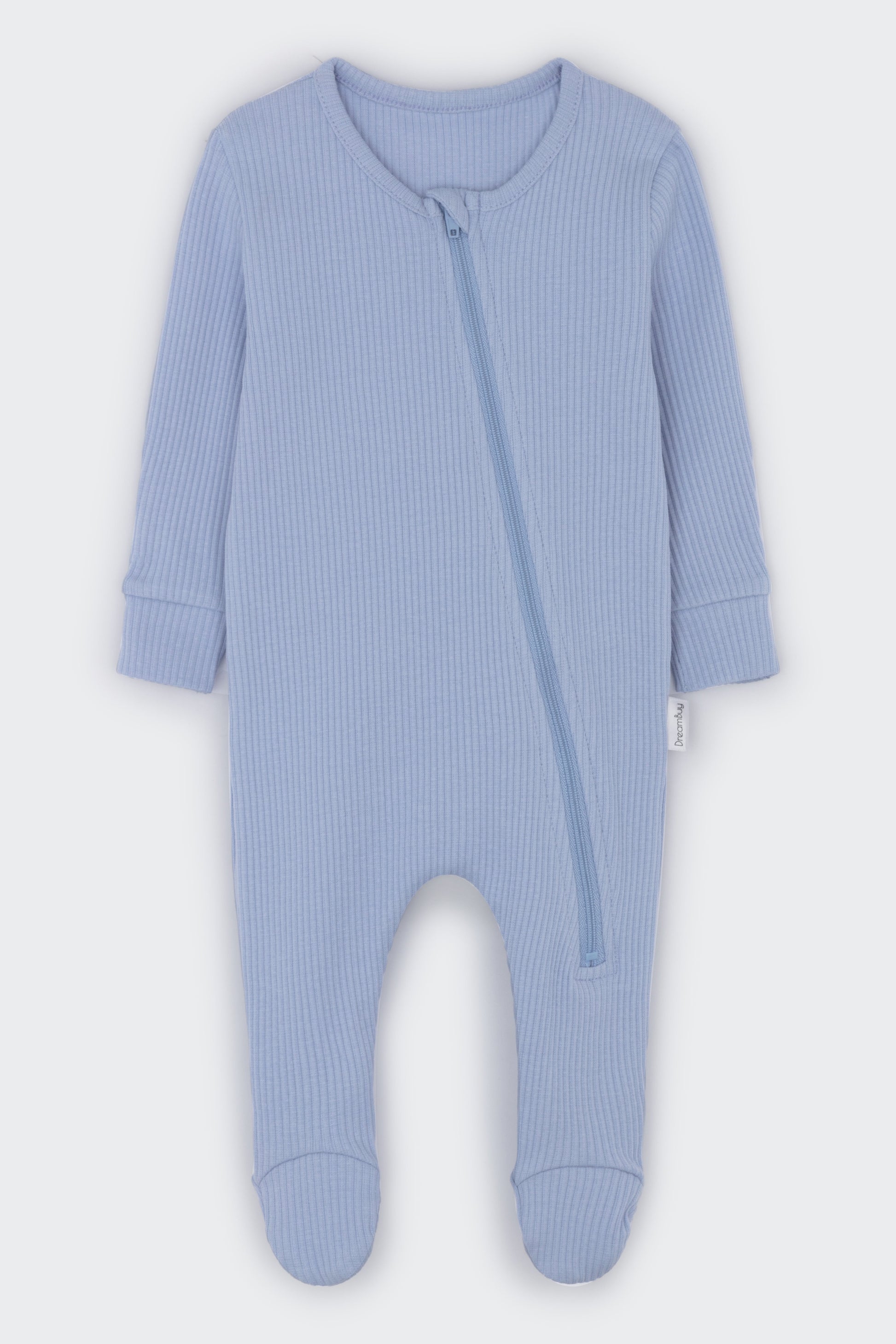 Luxurious powder blue zip sleepsuit for babies by DreamBuy, crafted from soft ribbed cotton for ultimate comfort and style.