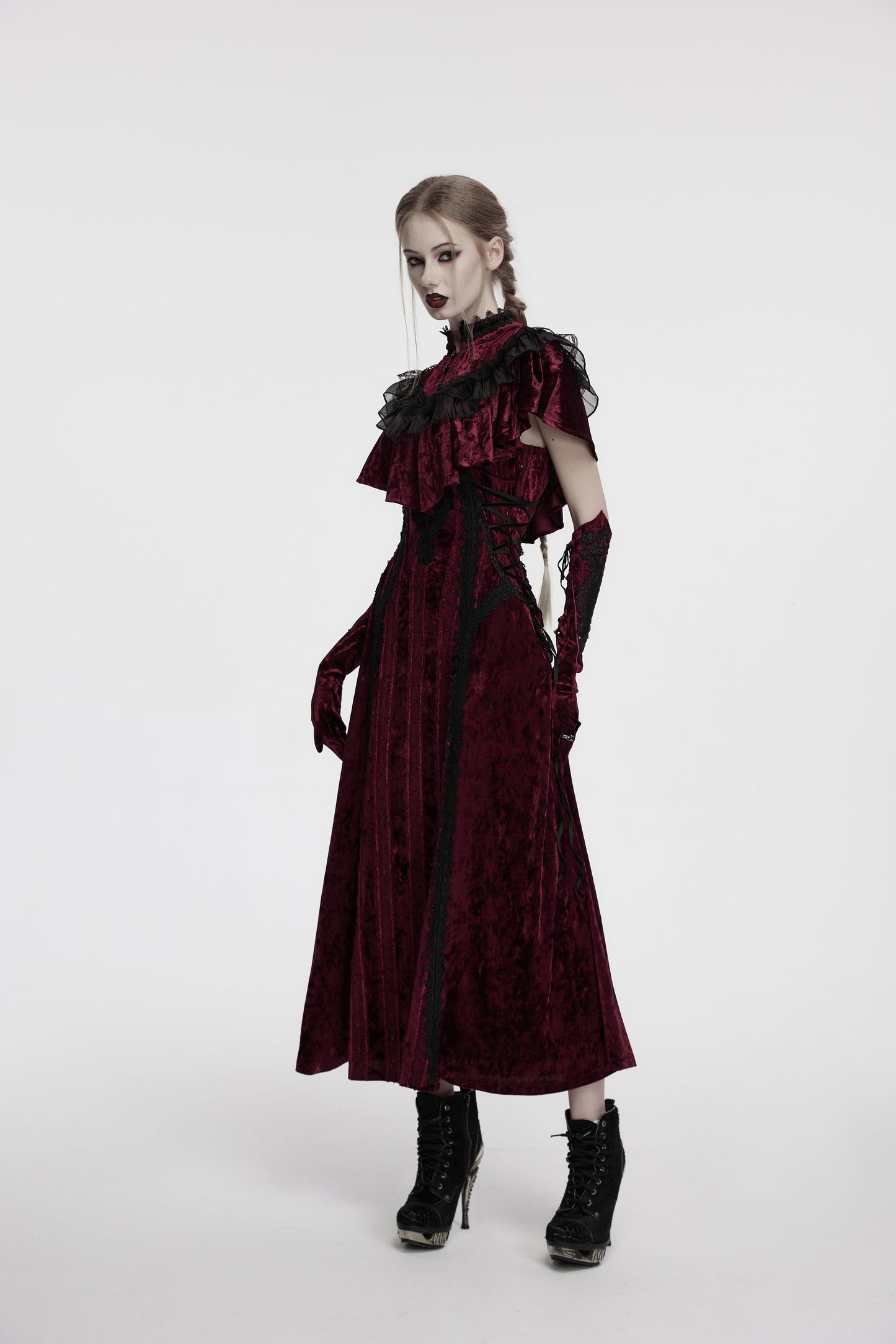 Full length view of the Punk Rave velvet lace panel slip dress styled for formal goth occasions, exuding vintage elegance and modern flair.