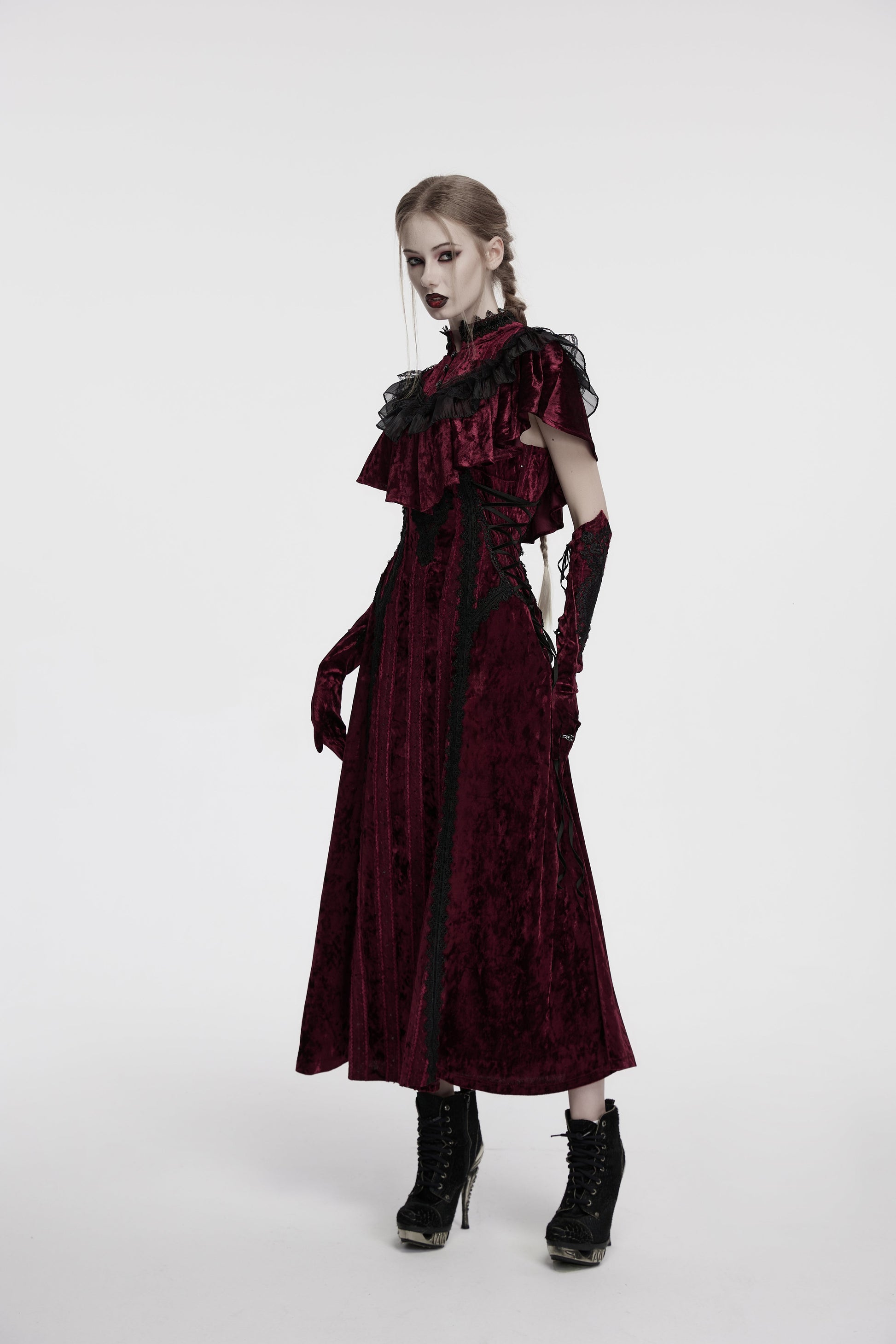 Full length view of the Punk Rave velvet lace panel slip dress styled for formal goth occasions, exuding vintage elegance and modern flair.