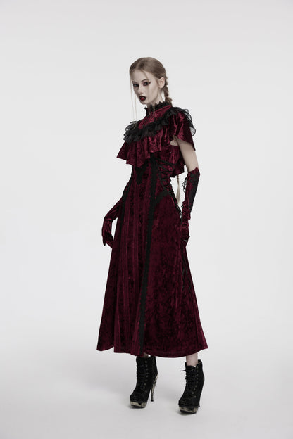 Full length view of the Punk Rave velvet lace panel slip dress styled for formal goth occasions, exuding vintage elegance and modern flair.