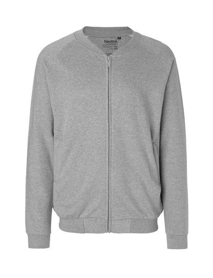 Elegant detail of hidden zippers and double-layered ribbed collar on a sustainable bomber jacket made from 100% Fairtrade certified organic cotton.