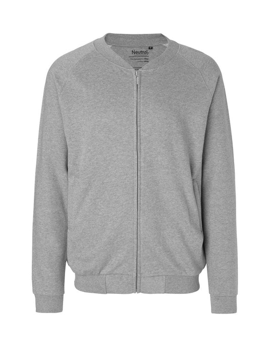 Elegant detail of hidden zippers and double-layered ribbed collar on a sustainable bomber jacket made from 100% Fairtrade certified organic cotton.