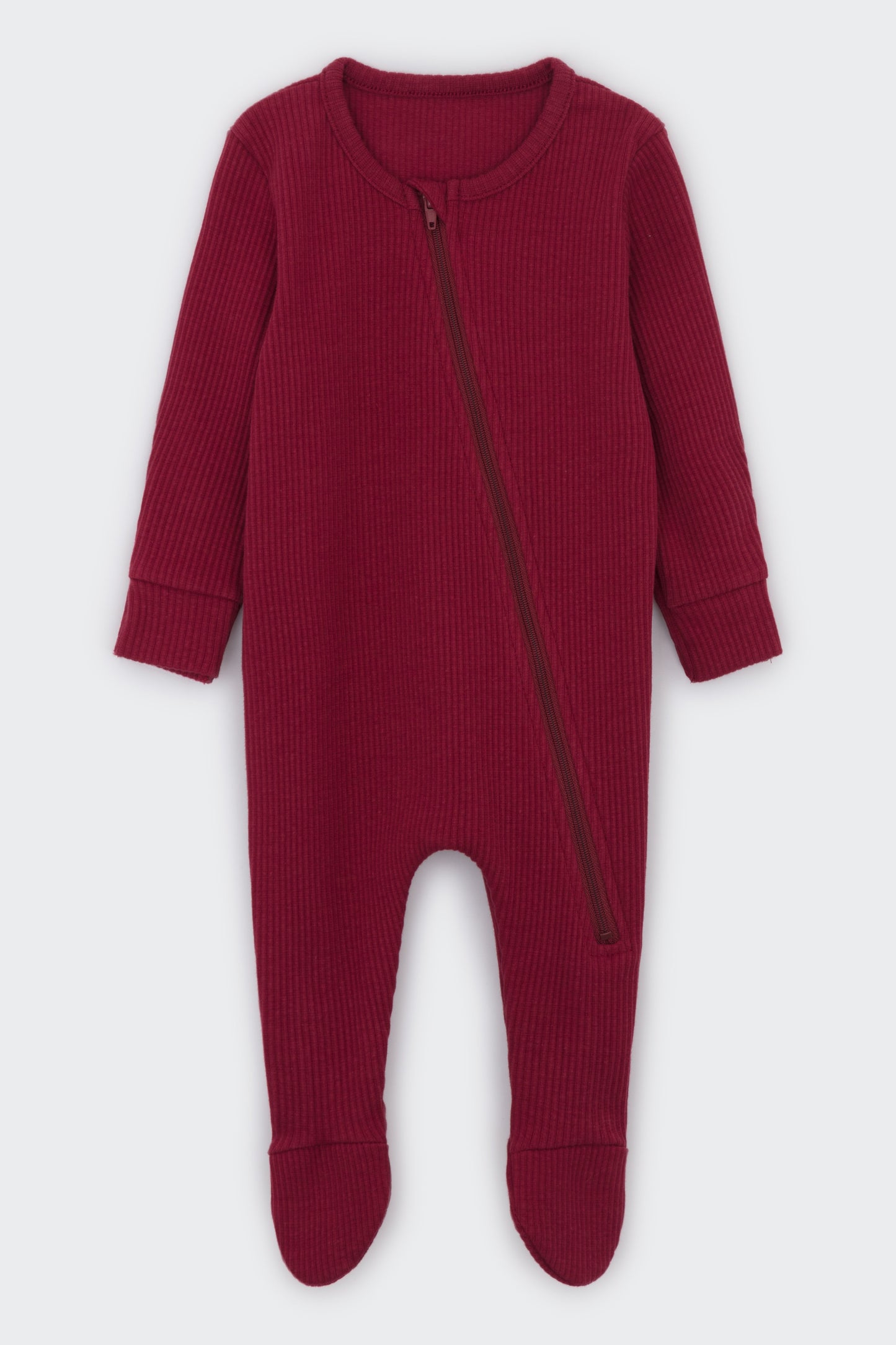 Luxury Claret Red Zip Sleepsuit for Babies by DreamBuy, featuring soft and comfortable fabric, ideal for infants 0-6 months with fold-over mitts and boots.