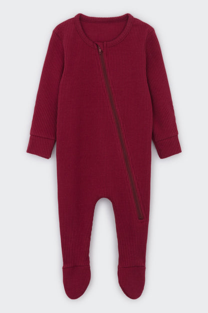 Luxury Claret Red Zip Sleepsuit for Babies by DreamBuy, featuring soft and comfortable fabric, ideal for infants 0-6 months with fold-over mitts and boots.