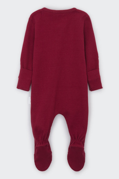 Elegant Claret Red Zipper Sleepsuit for toddlers by DreamBuy, designed for ages 6-12 months with stylish boots, ensuring warmth and ease of dressing.
