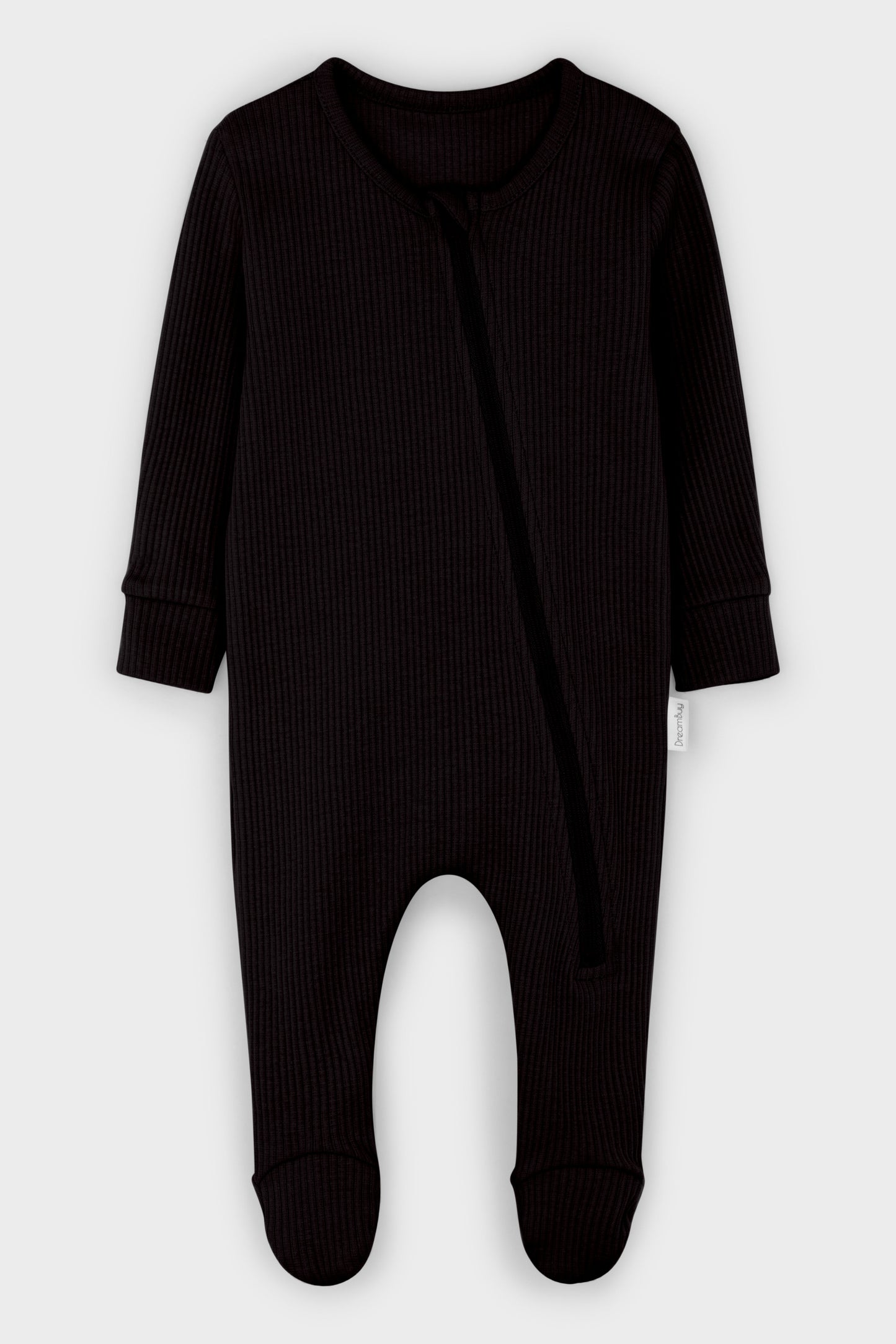 Luxury black zip sleepsuit for babies by DreamBuy, designed for softness and comfort, perfect for 0-36 months.