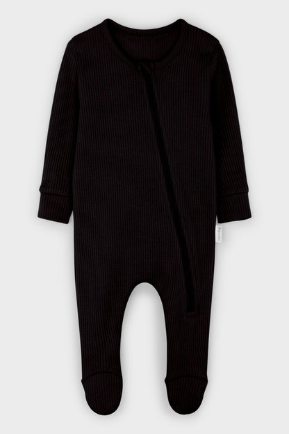 Luxury black zip sleepsuit for babies by DreamBuy, designed for softness and comfort, perfect for 0-36 months.