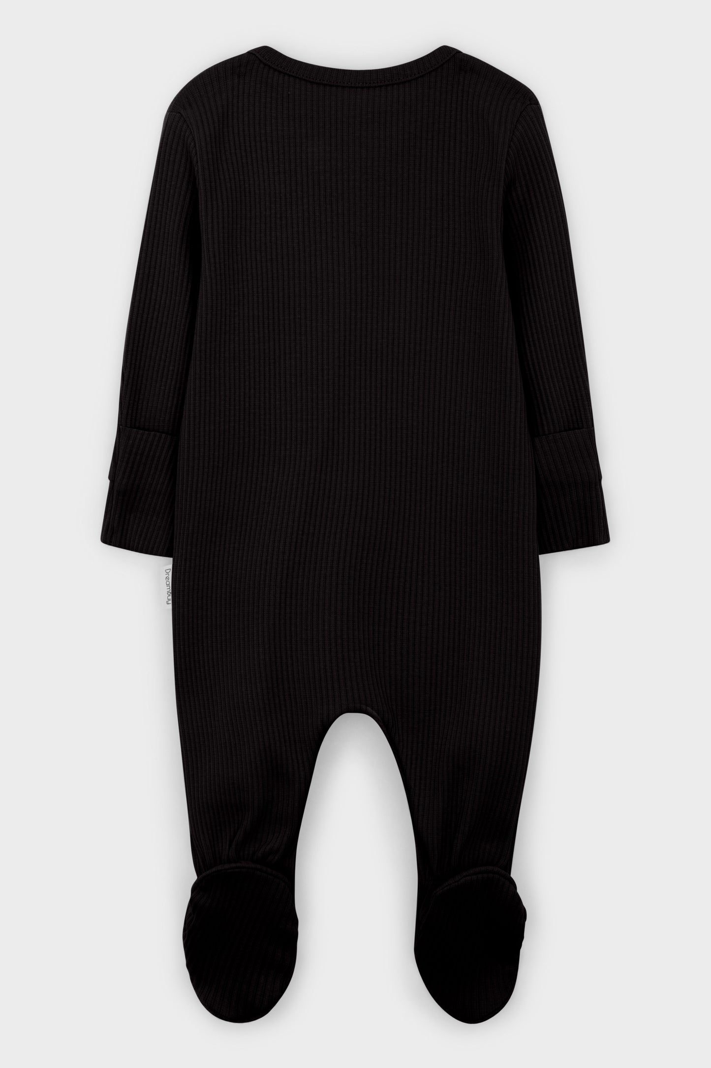 DreamBuy baby's black zip sleepsuit featuring fold-over mitts and boots for 0-6 months, ideal for warmth and security.