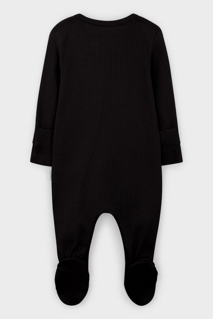 DreamBuy baby's black zip sleepsuit featuring fold-over mitts and boots for 0-6 months, ideal for warmth and security.