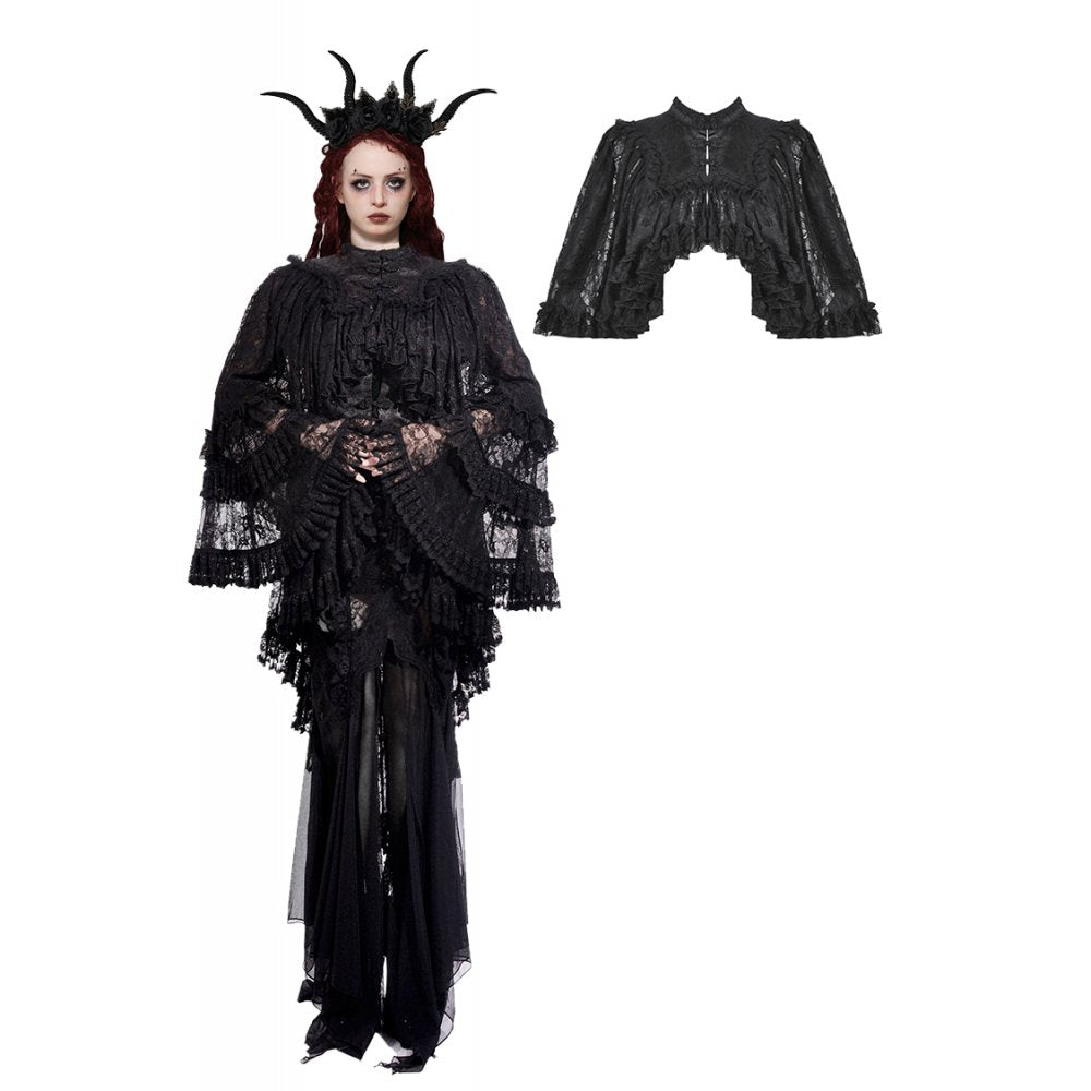 Enchanting Dark in Love Zuri Vintage Lace Cape showcasing intricate lace detail, flowing bell sleeves, and elegant high-neck collar, perfect for gothic-inspired outfits.