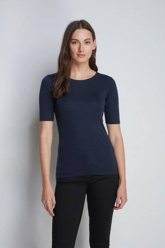 Women’s luxurious half sleeve cotton modal blend crew neck t-shirt in elegant design, available in UK sizes 8-16, showcased for versatile styling options.