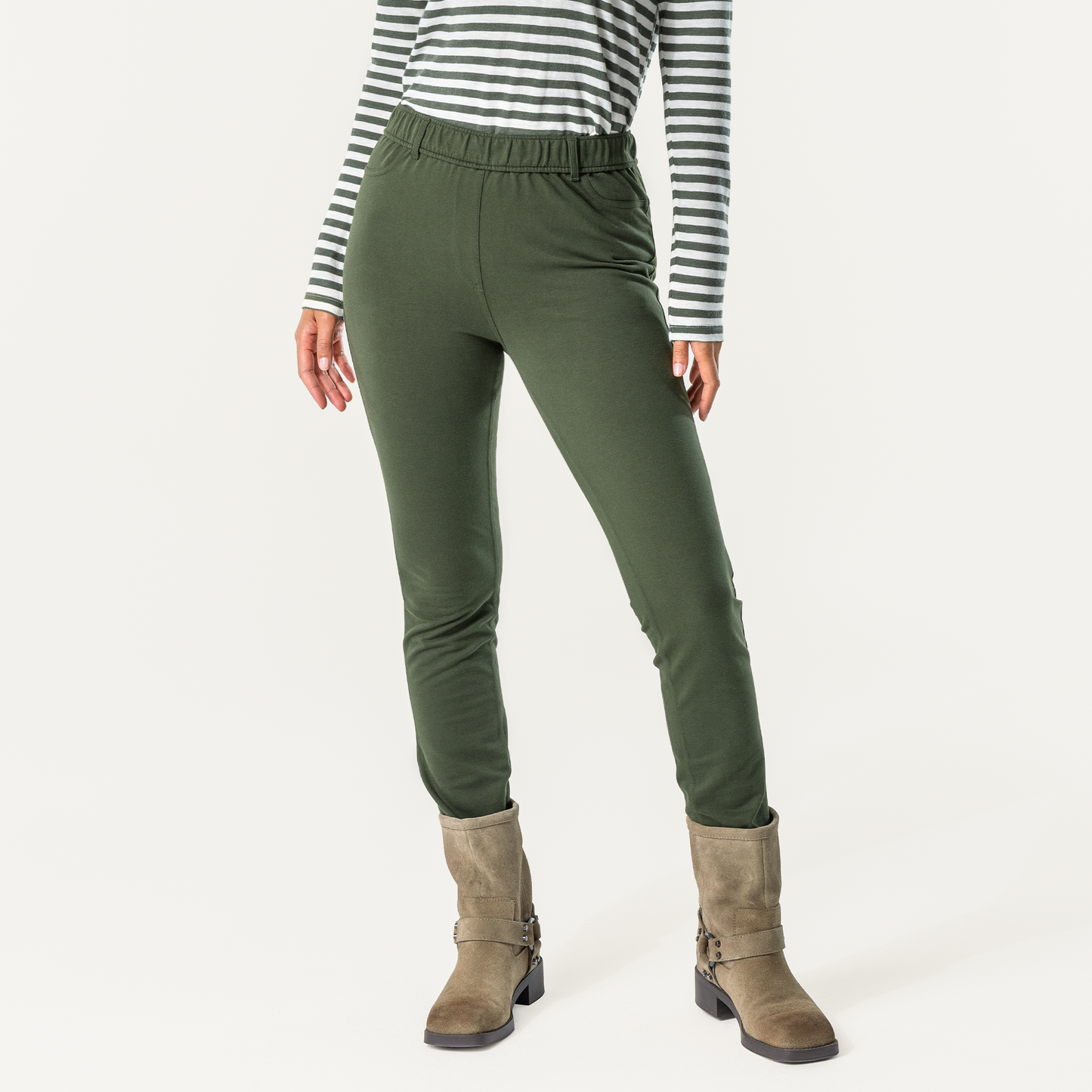 Luxury organic cotton trouser leggings for women, showcasing the comfortable stretchy jersey fabric and stylish jeans look.