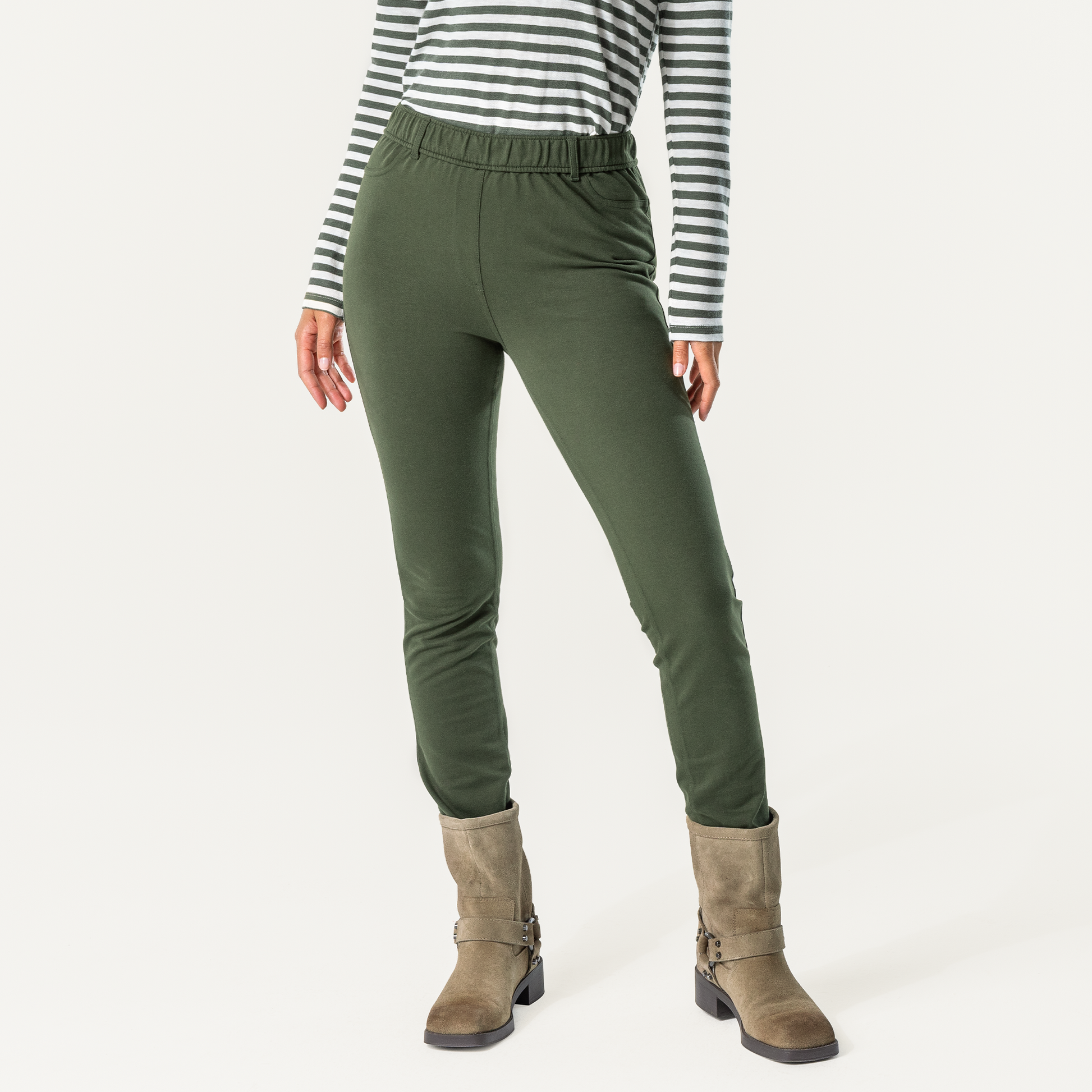 Luxury organic cotton trouser leggings for women, showcasing the comfortable stretchy jersey fabric and stylish jeans look.