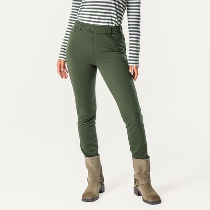 Luxury organic cotton trouser leggings for women, showcasing the comfortable stretchy jersey fabric and stylish jeans look.