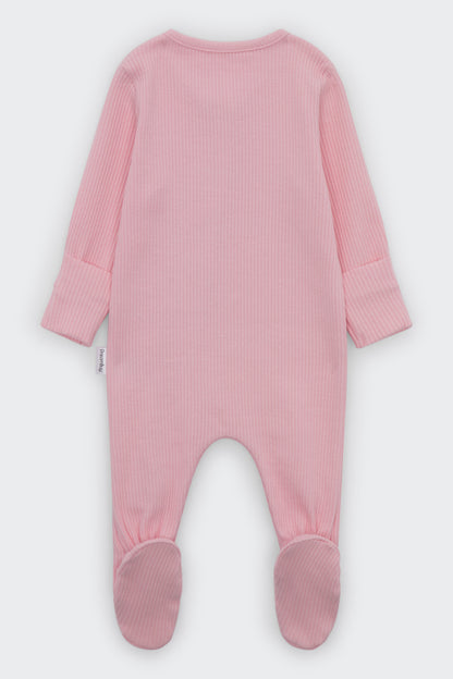 Close-up of DreamBuy Sweet Pink Zip Sleepsuit, highlighting the skin-friendly and lightweight fabric ideal for delicate baby skin.