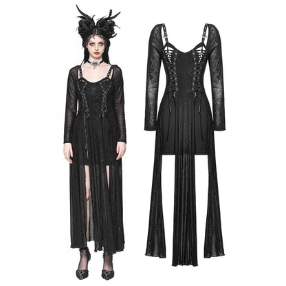 Elegant gothic long dress featuring a sheer strappy top and intricate spider web print overlay by Dark in Love, perfect for enchanting evening looks.